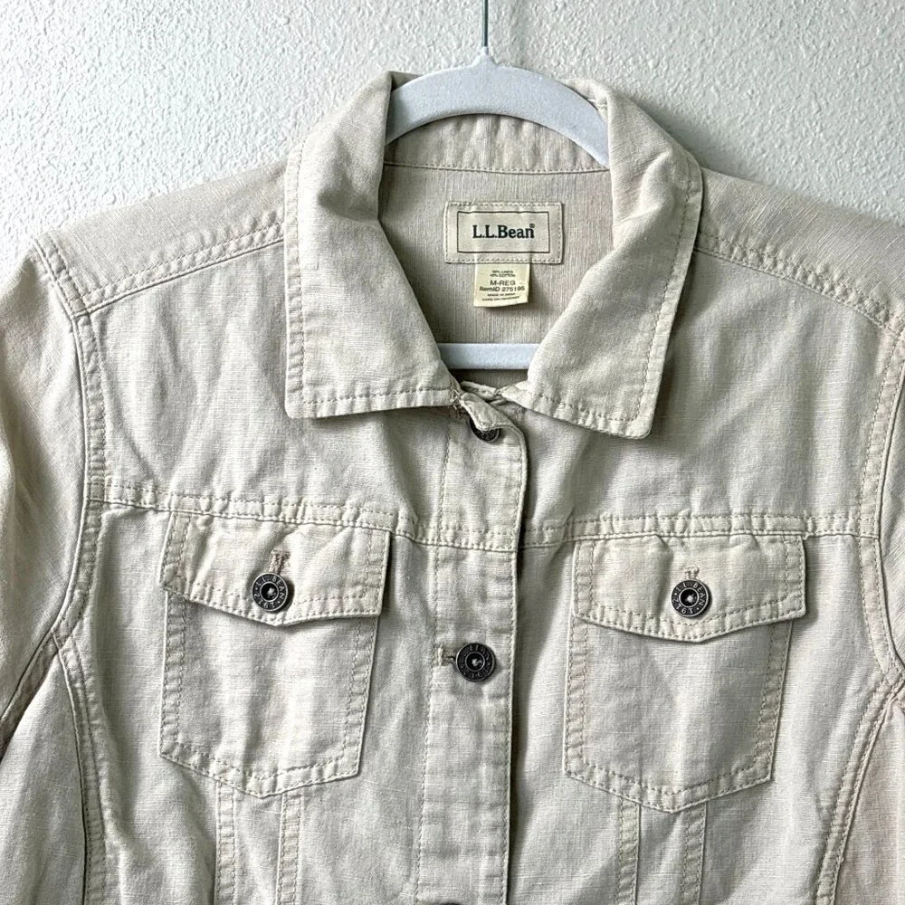 LL Bean‎ Utility Jacket Womens M Reg Tan Linen Blend Pockets Button Front